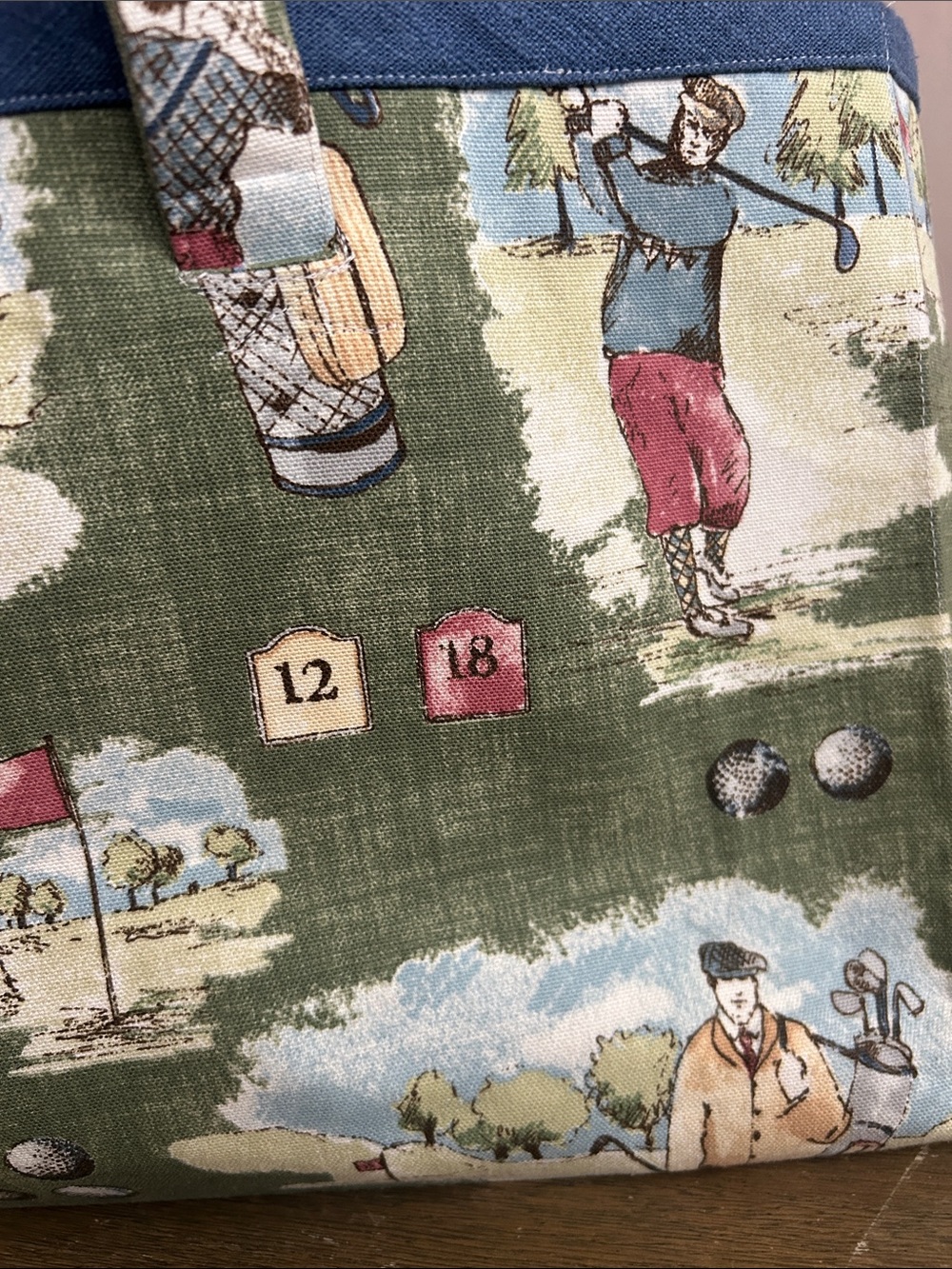 Vintage Handmade Toile Pattern Canvas Green Golf-Print Open Tote Bag. - Picture 9 of 10
